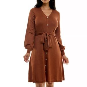 Nina Leonard Brown A-Line Dress with Bishop Sleeves
